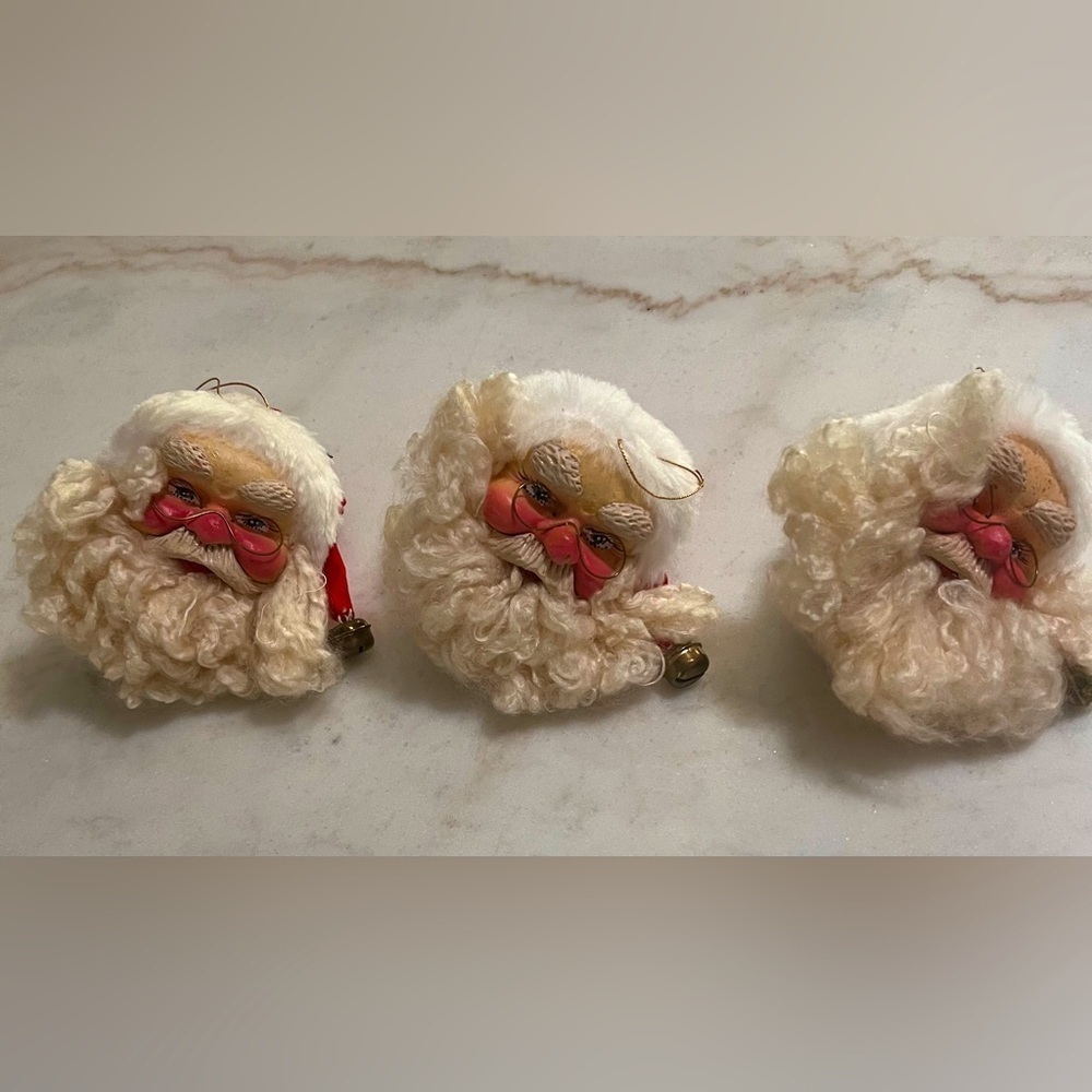 Vintage Santa Claus Doll Head Ornament Set of 3 White Fleecy Beard Red Velvet 4"